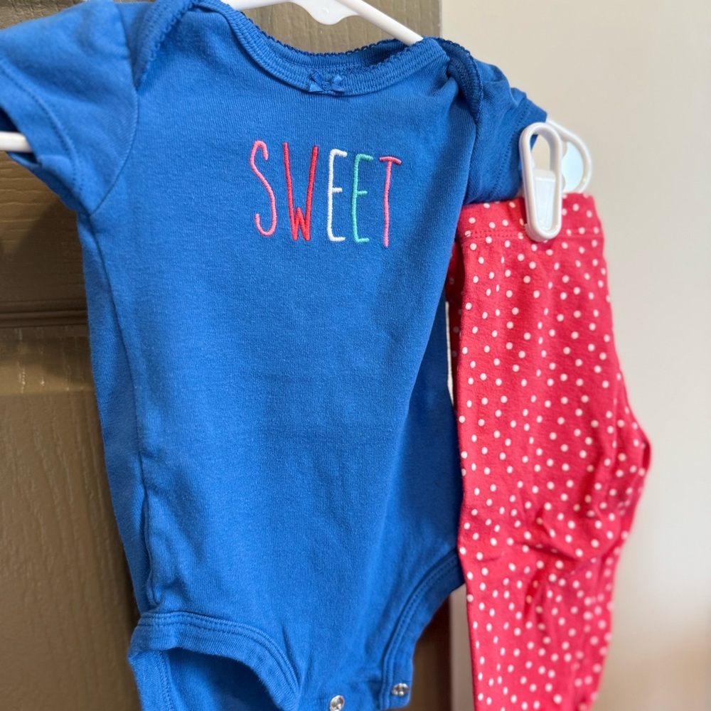 Blue 'Sweet' Onesie and Red Polka Dot Pants Set